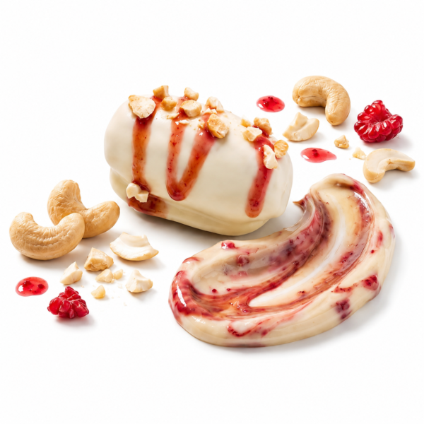 Datteln mit Cashewmus in weißer Schokolade und Himbeere